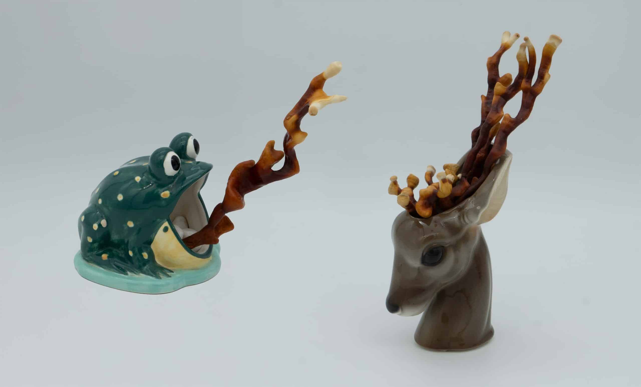 Bonsai Mushroom Crafting with Reishi decorative art frog and deer